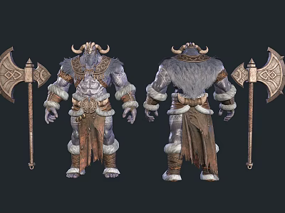 Horned Furry Man Warrior With Decorative Armor Holding Battle Axe Front Back View 3d model