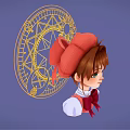 Cartoon Girl With Red Beret Green Eyes And Golden Magic Circle On Blue Fantasy Background