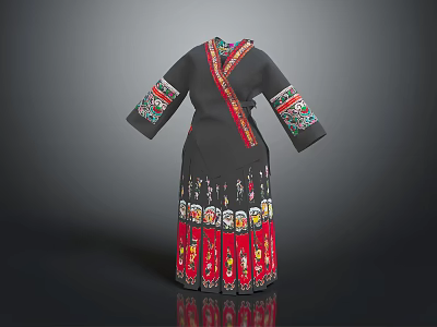 Traditional Ethnic Costume With Black Fabric Colorful Embroidery On Cuffs And Red Black Patterned Hem 3d model