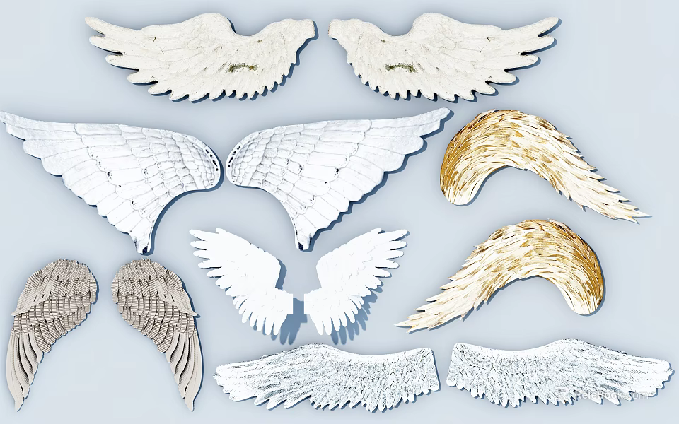 Wing Shaped Wall Decor With Various Designs White Gold Gray Feather Textures 3d model