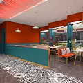 Vibrant Restaurant Interior With Orange Walls Red Seats White Tables And Crystal Chandeliers