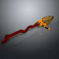 Ancient Decorative Spear 3D Render With Red Shaft Yellow Ornaments And Intricate Head Design