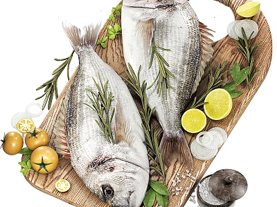 Fresh Fish on Wooden Tray with Rosemary Lemon Slices Cherry Tomatoes Ice Cubes Salt Shaker 3d model