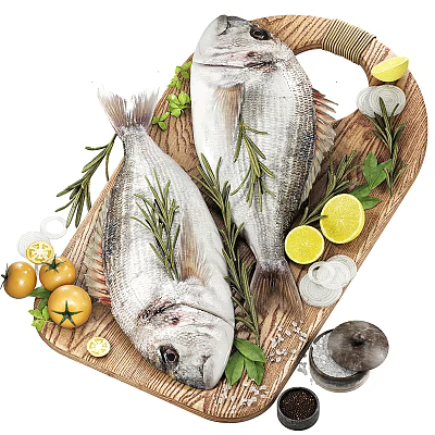 Fresh Fish on Wooden Tray with Rosemary Lemon Slices Cherry Tomatoes Ice Cubes Salt Shaker 3d model