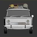 White Classic Car With Luggage On Roof And Reflective Surface