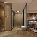Modern Hotel Room Interior With King Bed Sofa Desk Herringbone Wooden Floor And Ambient Lighting