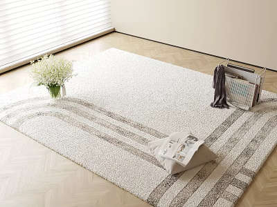 Light Colored Striped Square Rug with White Flowers Magazines and Blanket in Modern Room 3d model