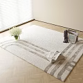 Light Colored Striped Square Rug with White Flowers Magazines and Blanket in Modern Room