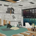 Industrial Hotel Guest Room With Concrete Walls Wooden Pallet Bed Green Bedspread And Large Windows