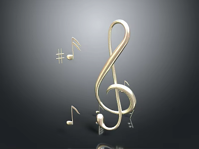 Golden Treble Clef With Music Notes And Sharp Symbols On Dark Background 3d model