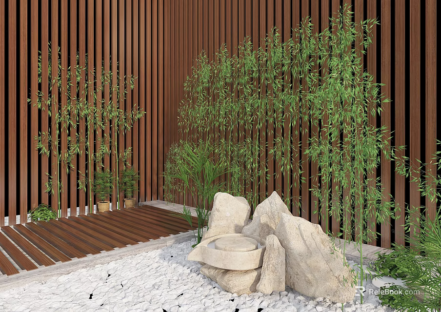 Natural Garden Decor with Bamboo Plants Stone Water Feature Wooden Slat Wall and Gravel 3d model 