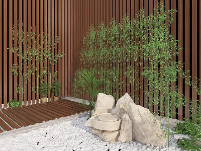 Natural Garden Decor with Bamboo Plants Stone Water Feature Wooden Slat Wall and Gravel 3d model