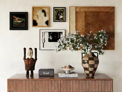 Decorative Ornament Combination with Carved Figure Checkered Vase on Wooden Cabinet and Framed Wall Art 3d model
