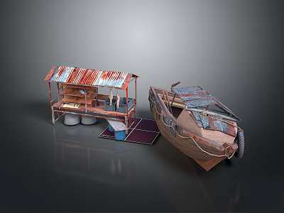 Old Weathered Wooden Boat And Rusted Metal Roof Shed With Floor Mats 3d model