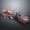 Old Weathered Wooden Boat And Rusted Metal Roof Shed With Floor Mats