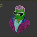 Cyberpunk Character 3D Bust With Blue Goggles Green Neon Tech Implants And Brown Jacket