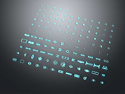 Blue Icons In Grid Arrangement On Dark Background Digital Design Elements 3d model
