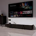 Modern TV Stand With Flat Screen TV Black Side Cabinet And Green Cactus Decor