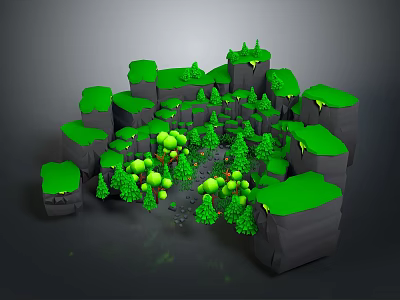 Scenic Landscape With Gray Rocks Green Vegetation And Small Trees With Yellow Fruits 3d model