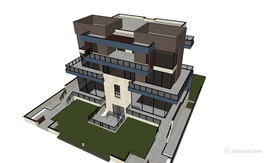 Modern Semi Detached Villa With Two Story Design Large Windows And Lawn 3d model 