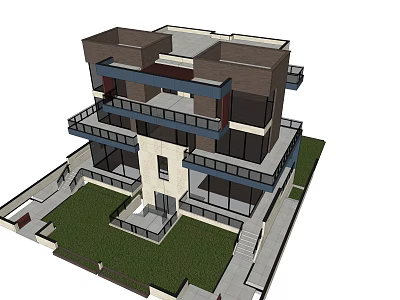 Modern Semi Detached Villa With Two Story Design Large Windows And Lawn 3d model