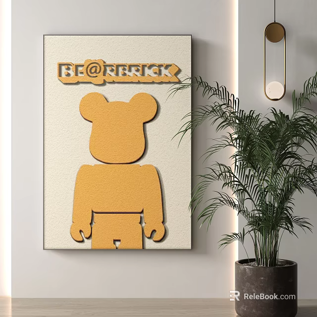BE@RBRICK Yellow Bear Figure Wall Art Decor With Green Plant 3d model