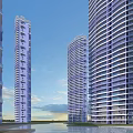 Modern High Rise Residential Building With Curved Exterior Glass Windows And Balconies