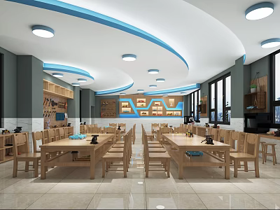 School Dining Hall Spacious Interior With Wooden Tables Chairs Curved Blue Ceiling And Round Lights 3d model