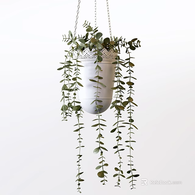 Green Arbor in White Hanging Planter with Cascading Branches and Lace Accents 3d model 