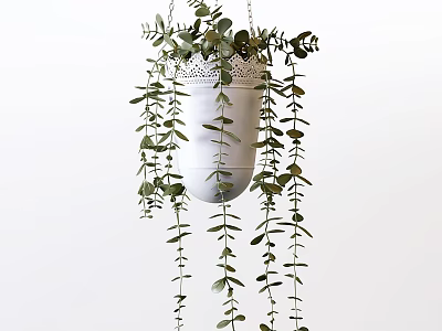 Green Arbor in White Hanging Planter with Cascading Branches and Lace Accents 3d model