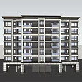 Modern Mid Rise Apartment Building With Balconies Front Water Feature And Trees Around