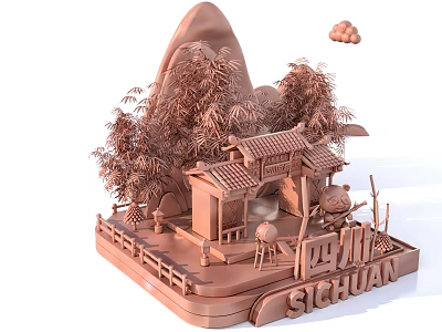 Traditional Sichuan Landscape Model With Bamboo Trees Pavilion And Mountain 3d model