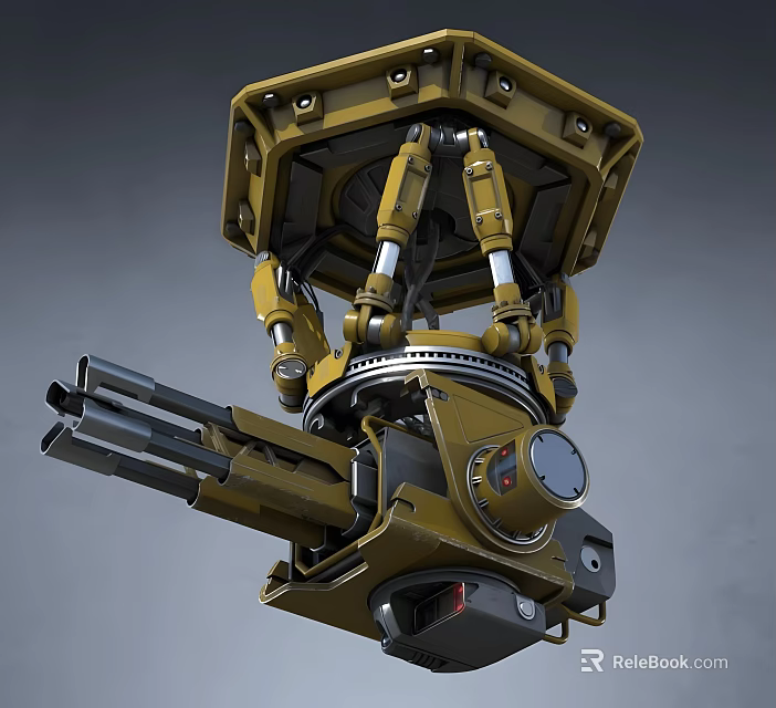 Yellow Mechanical Weapon With Multi Barrel Rotating System And Robotic Arm Structure 3d model 