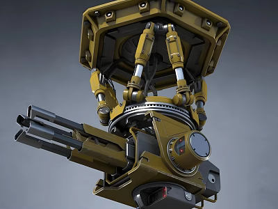 Yellow Mechanical Weapon With Multi Barrel Rotating System And Robotic Arm Structure 3d model