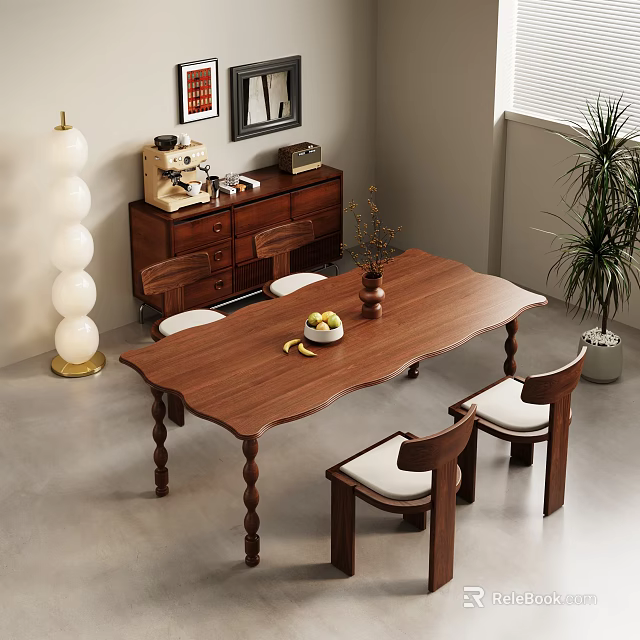 Walnut Wooden Dining Table Set With Carved Legs White Padded Chairs And Room Interior Decor 3d model 