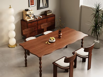 Walnut Wooden Dining Table Set With Carved Legs White Padded Chairs And Room Interior Decor 3d model