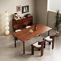Walnut Wooden Dining Table Set With Carved Legs White Padded Chairs And Room Interior Decor