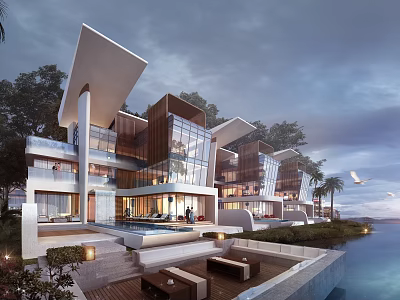 Modern Waterfront Townhouse With Glass Facade Outdoor Terrace And Lush Trees 3d model