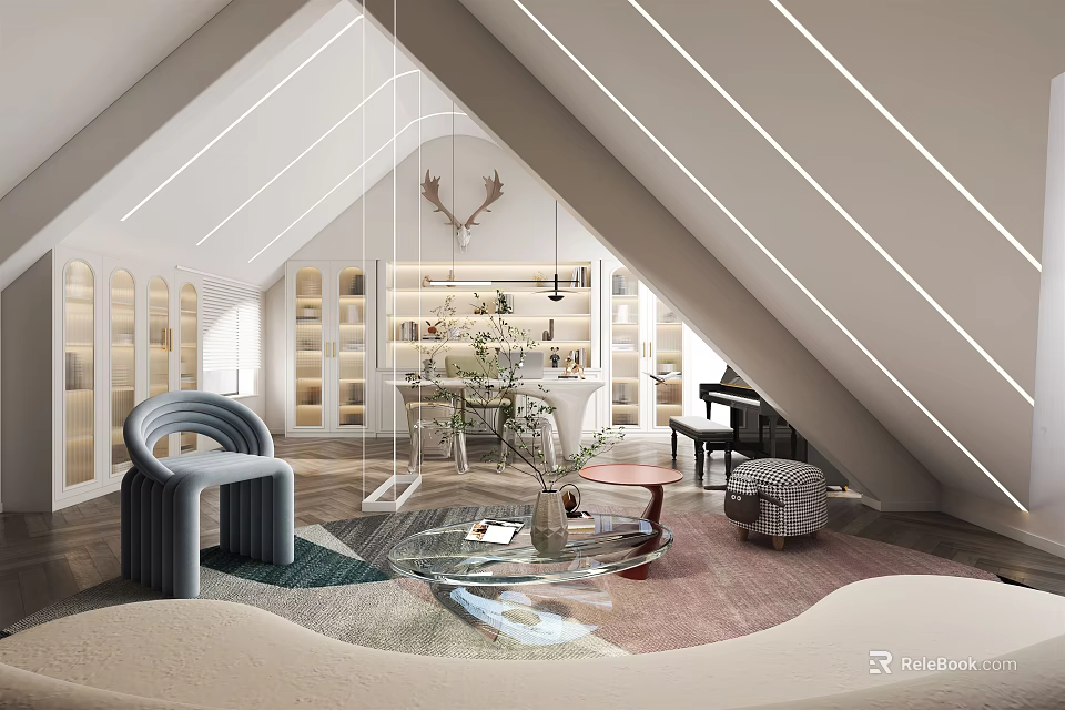 Modern Attic Interior With Sloped Ceiling Bookshelves Modern Furniture And Decorative Rug 3d model 