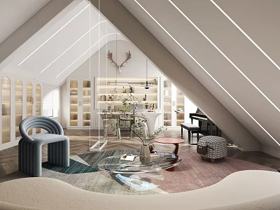 Modern Attic Interior With Sloped Ceiling Bookshelves Modern Furniture And Decorative Rug 3d model