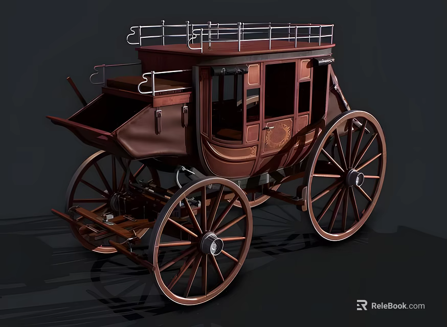 Vintage Brown Wooden Horse Drawn Carriage With Large Wheels And Roof Railings 3d model 