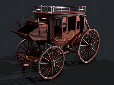 Vintage Brown Wooden Horse Drawn Carriage With Large Wheels And Roof Railings 3d model