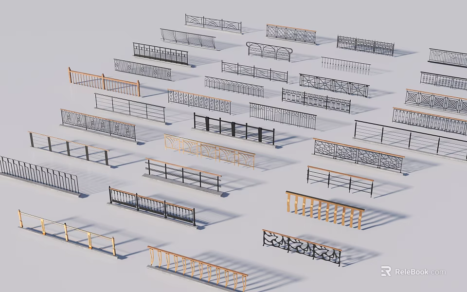 Decorative Metal and Wooden Railings with Various Designs Ornamental Patterns and Modern Styles 3d model 