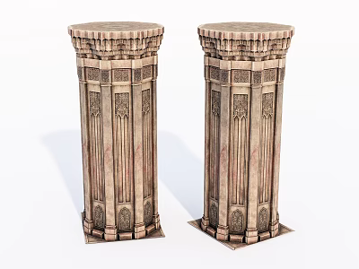 Pair of Intricate Carved Decorative Vintage Columns with Stone Texture Details 3d model