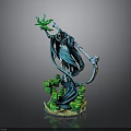 Man in Blue Robe Holding Green Glowing Object and Scythe on Green Base Sculpture