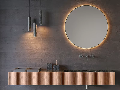 Modern Washbasin With Wooden Vanity Round Illuminated Mirror Black Faucet And Gray Wall Pendant Lights 3d model