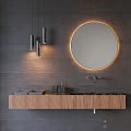 Modern Washbasin With Wooden Vanity Round Illuminated Mirror Black Faucet And Gray Wall Pendant Lights