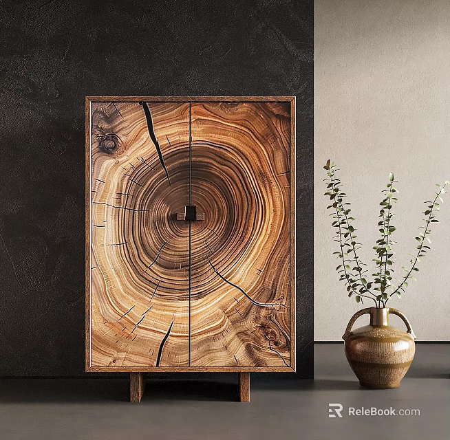 Wooden Dresser with Tree Ring Texture and Ceramic Vase with Eucalyptus Plant 3d model 