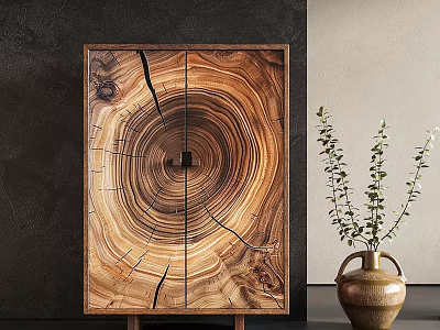 Wooden Dresser with Tree Ring Texture and Ceramic Vase with Eucalyptus Plant 3d model