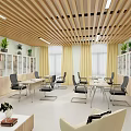 Public Office Space With Wooden Ceiling Green Sofa Office Desks And Black Chairs